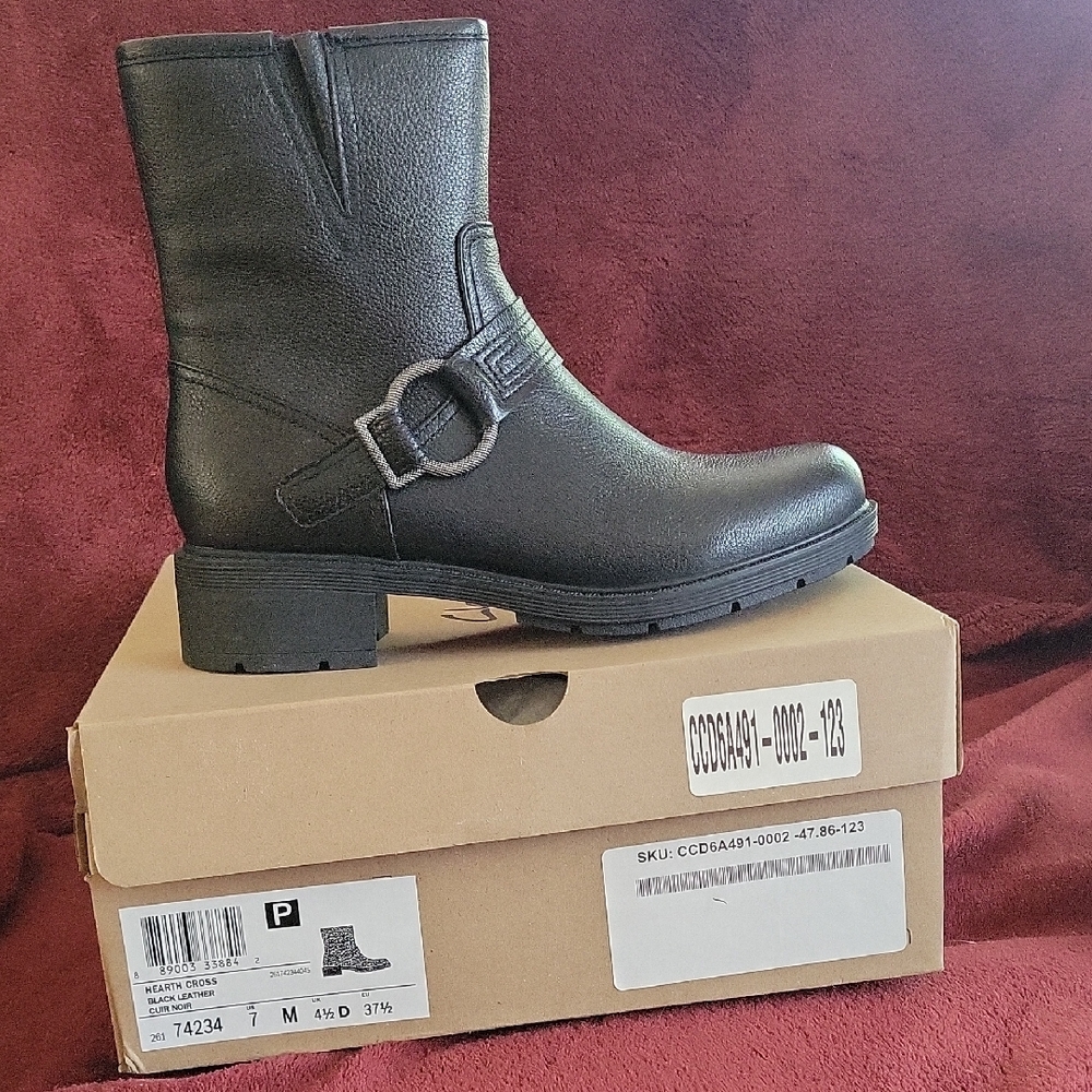 Clarks Black Mid-Calf Heeled Boot with Buckle Accent